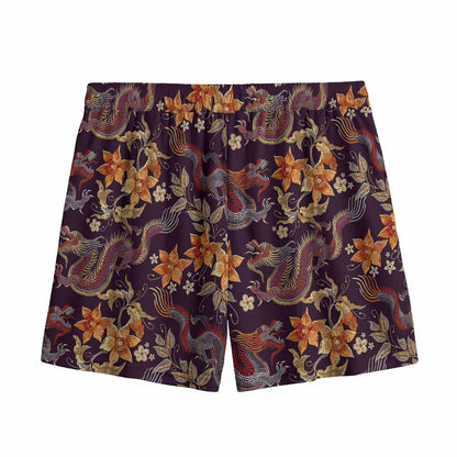 Vintage Dragon Flower Pattern Print Mesh Shorts