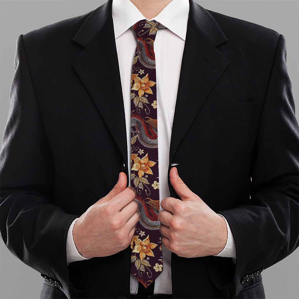 Vintage Dragon Flower Pattern Print Necktie