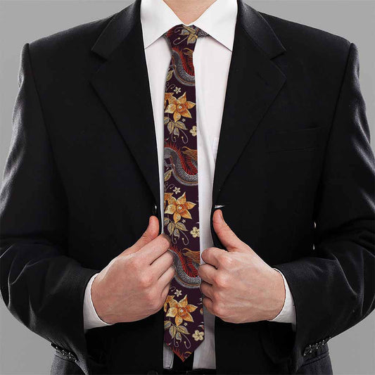 Vintage Dragon Flower Pattern Print Necktie