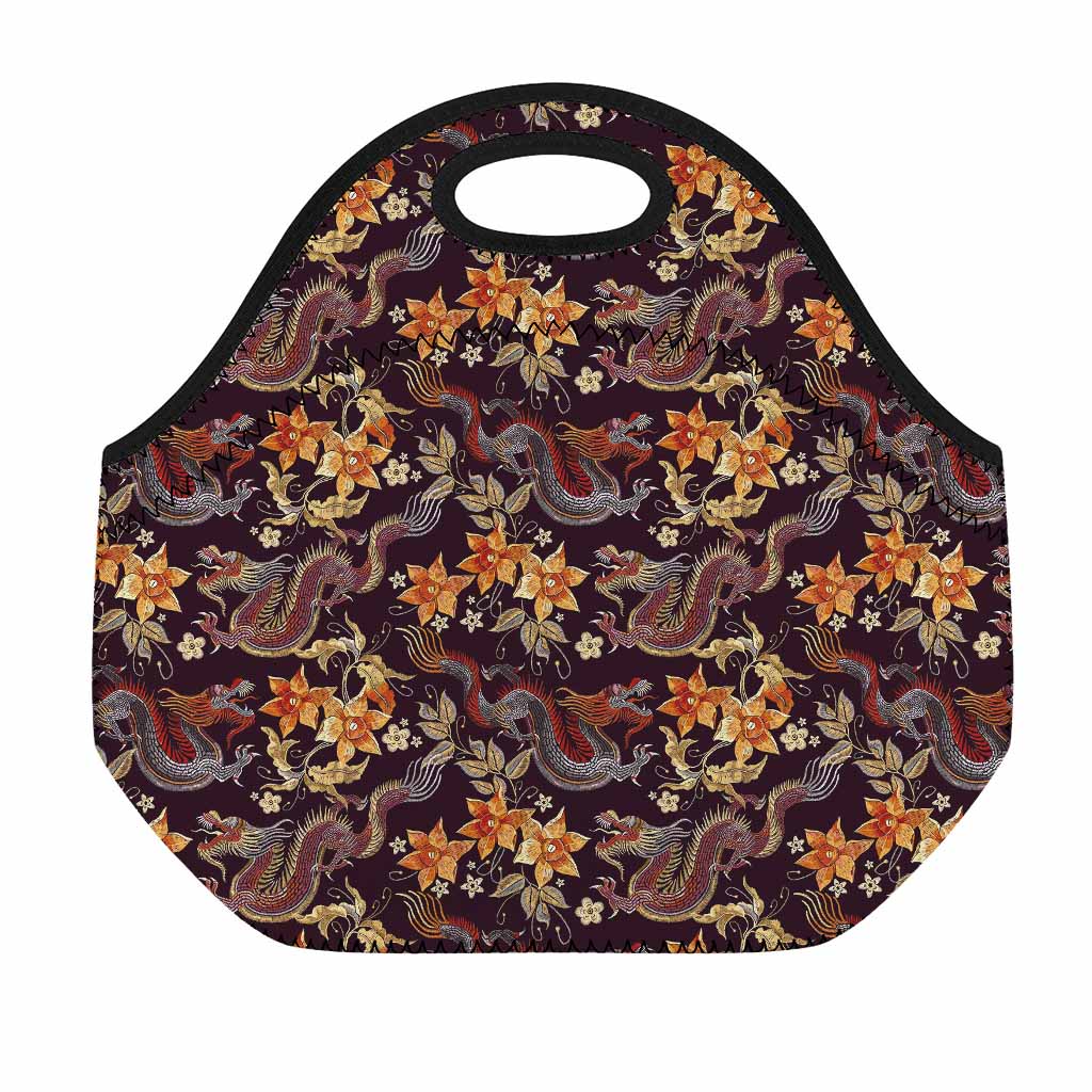 Vintage Dragon Flower Pattern Print Neoprene Lunch Bag