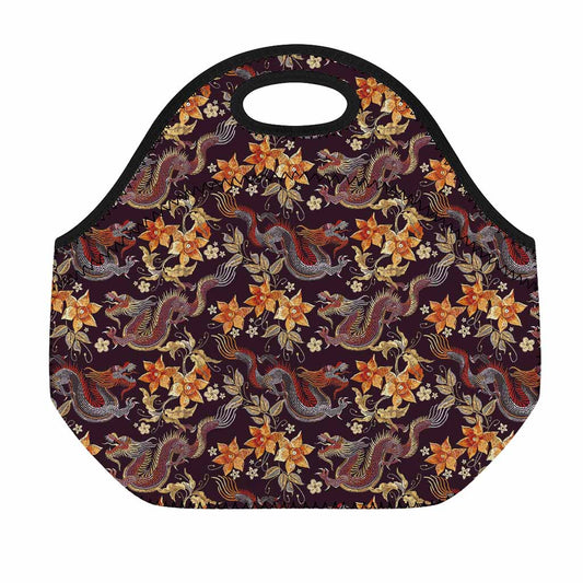 Vintage Dragon Flower Pattern Print Neoprene Lunch Bag