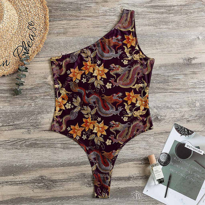 Vintage Dragon Flower Pattern Print One Shoulder Bodysuit