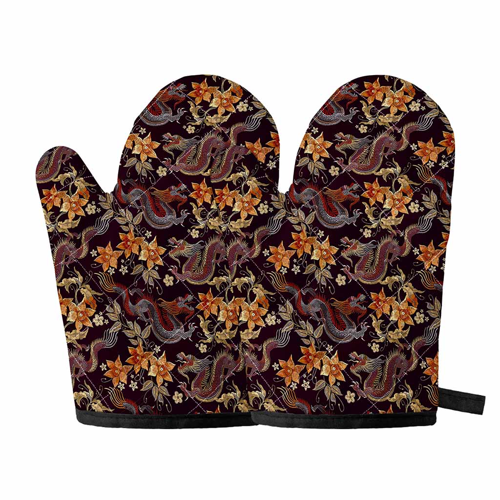 Vintage Dragon Flower Pattern Print Oven Mitts