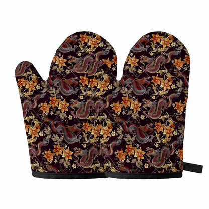 Vintage Dragon Flower Pattern Print Oven Mitts