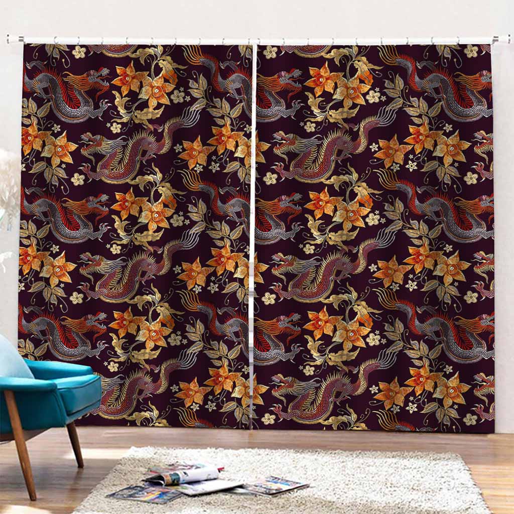 Vintage Dragon Flower Pattern Print Pencil Pleat Curtains