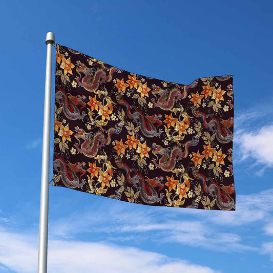 Vintage Dragon Flower Pattern Print Polyester Flag