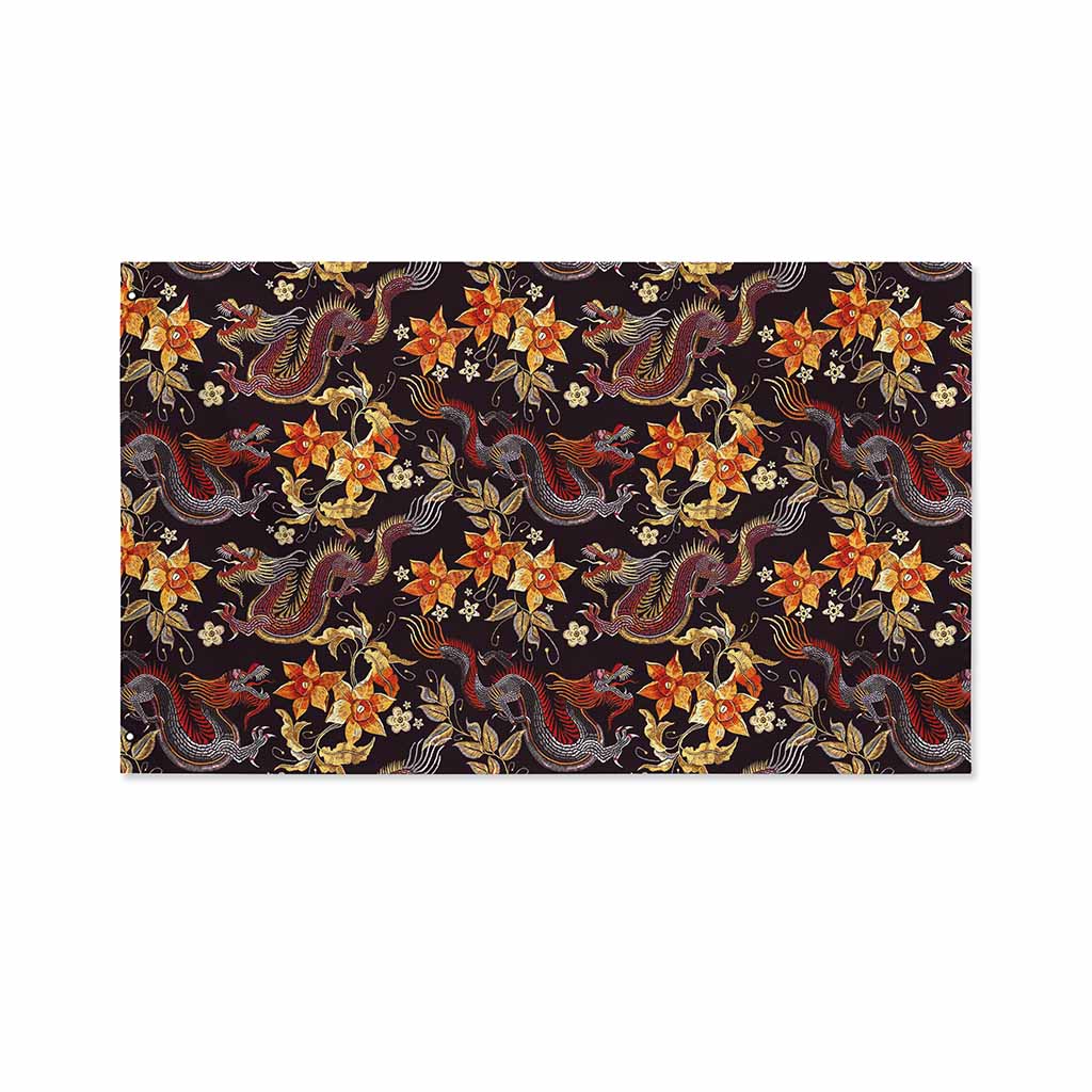 Vintage Dragon Flower Pattern Print Polyester Flag