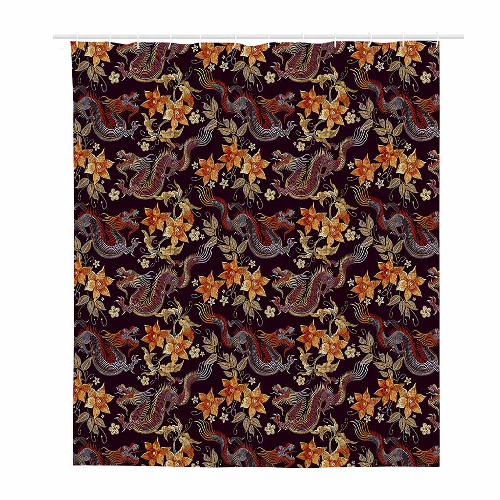 Vintage Dragon Flower Pattern Print Polyester Shower Curtain