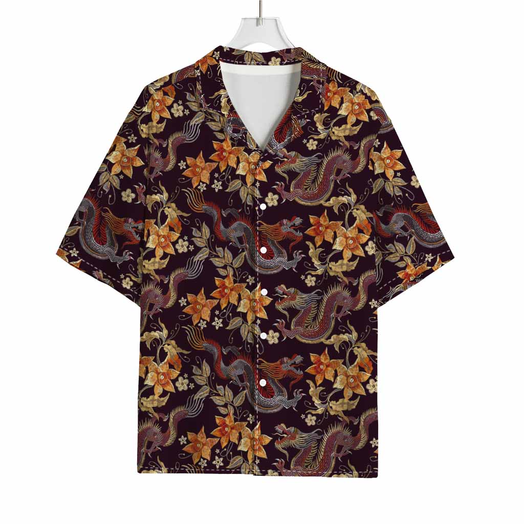 Vintage Dragon Flower Pattern Print Rayon Hawaiian Shirt
