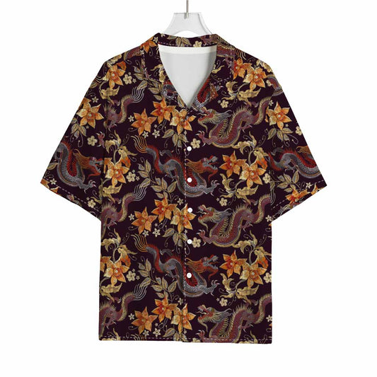 Vintage Dragon Flower Pattern Print Rayon Hawaiian Shirt
