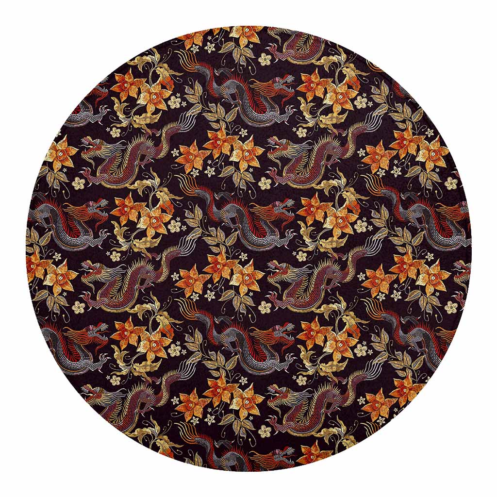 Vintage Dragon Flower Pattern Print Round Blanket