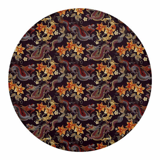 Vintage Dragon Flower Pattern Print Round Blanket