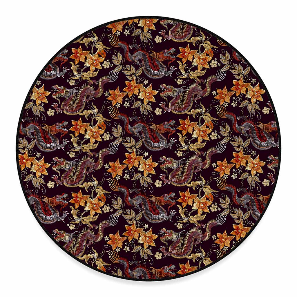 Vintage Dragon Flower Pattern Print Round Floor Mat