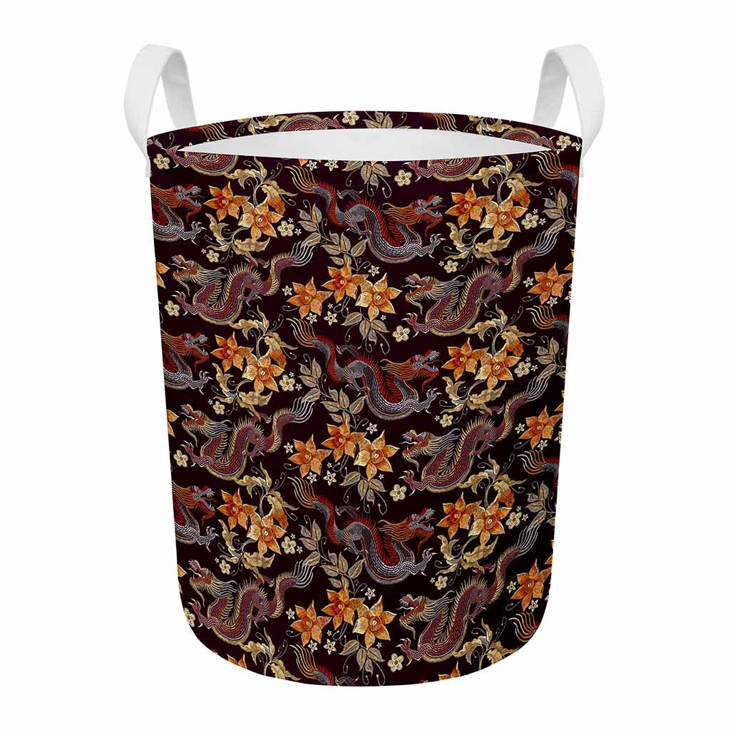 Vintage Dragon Flower Pattern Print Round Laundry Basket