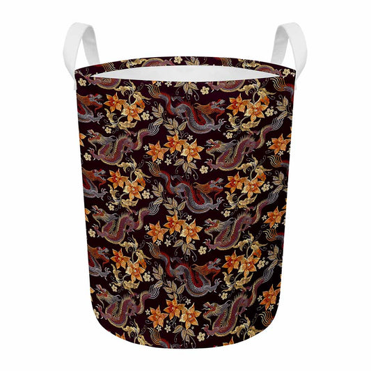 Vintage Dragon Flower Pattern Print Round Laundry Basket