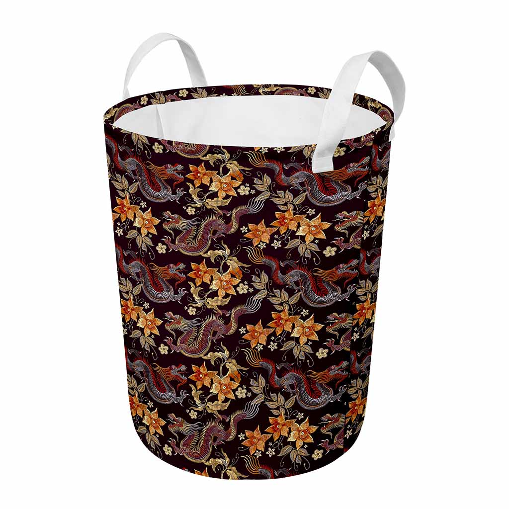 Vintage Dragon Flower Pattern Print Round Laundry Basket