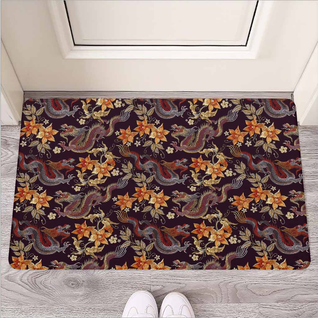 Vintage Dragon Flower Pattern Print Rubber Doormat