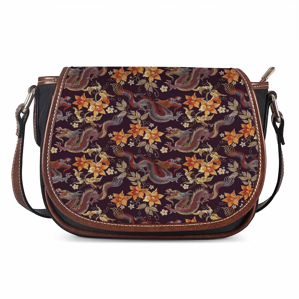 Vintage Dragon Flower Pattern Print Saddle Bag