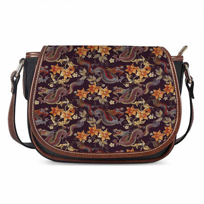 Vintage Dragon Flower Pattern Print Saddle Bag
