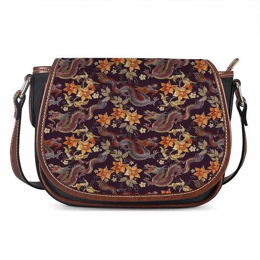 Vintage Dragon Flower Pattern Print Saddle Bag