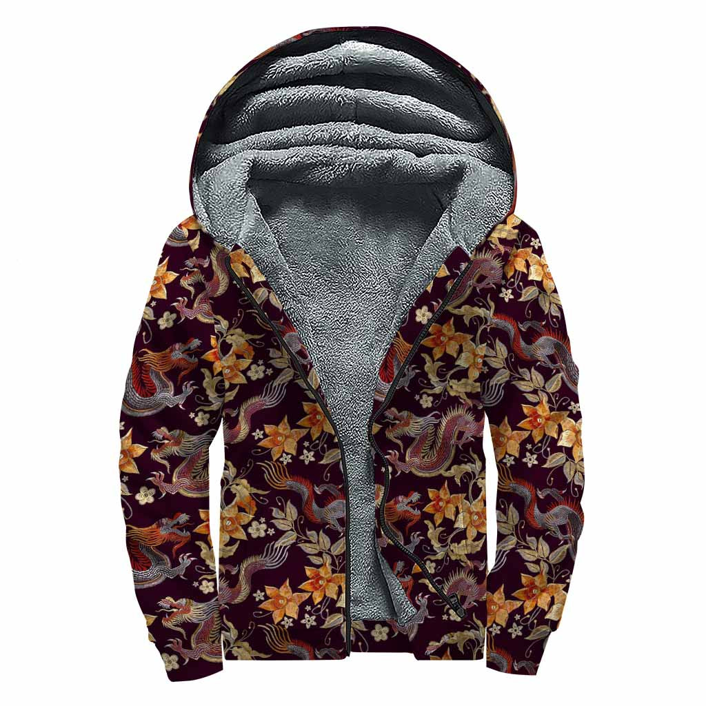 Vintage Dragon Flower Pattern Print Sherpa Lined Zip Up Hoodie