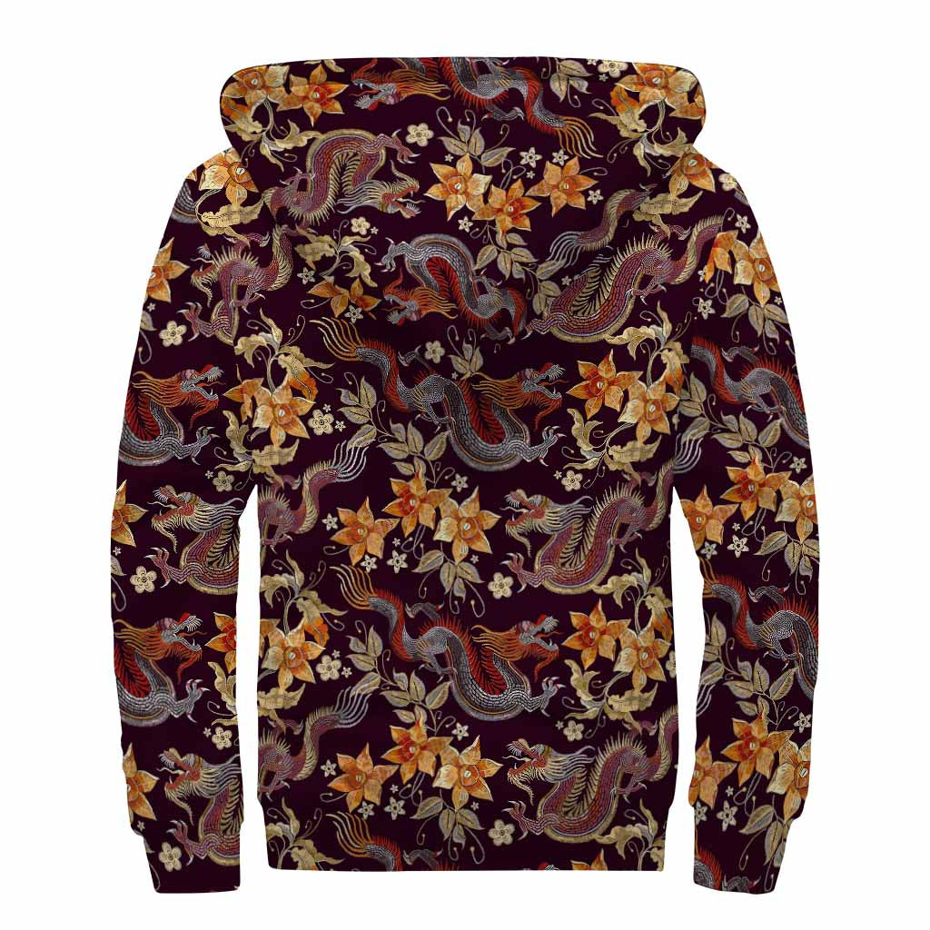 Vintage Dragon Flower Pattern Print Sherpa Lined Zip Up Hoodie