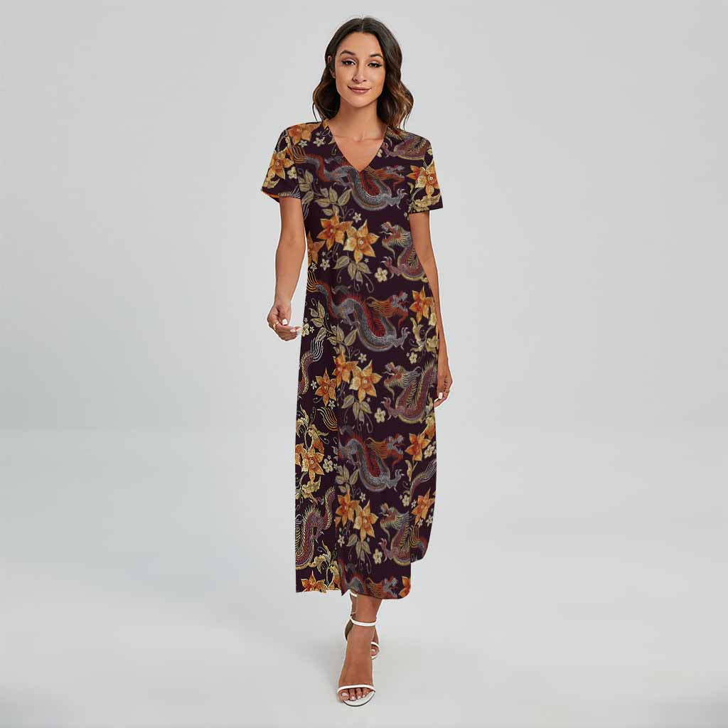 Vintage Dragon Flower Pattern Print Short Sleeve Maxi Dress