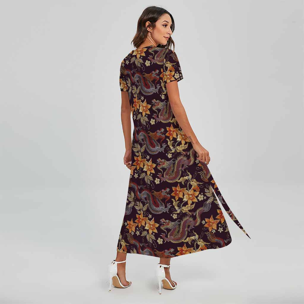 Vintage Dragon Flower Pattern Print Short Sleeve Maxi Dress