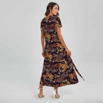 Vintage Dragon Flower Pattern Print Short Sleeve Maxi Dress