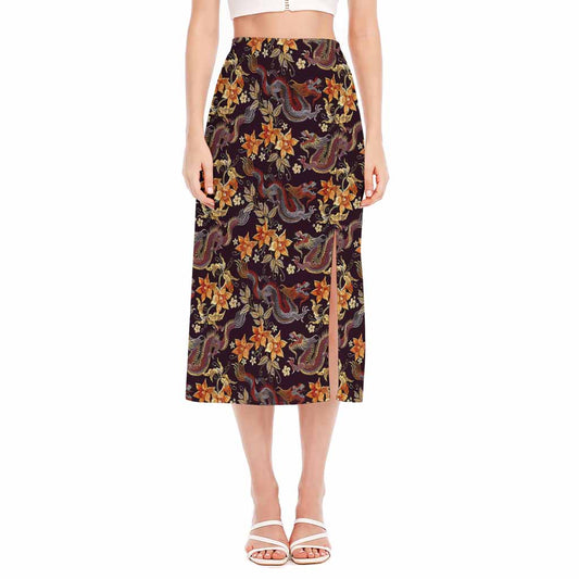 Vintage Dragon Flower Pattern Print Side Slit Midi Skirt