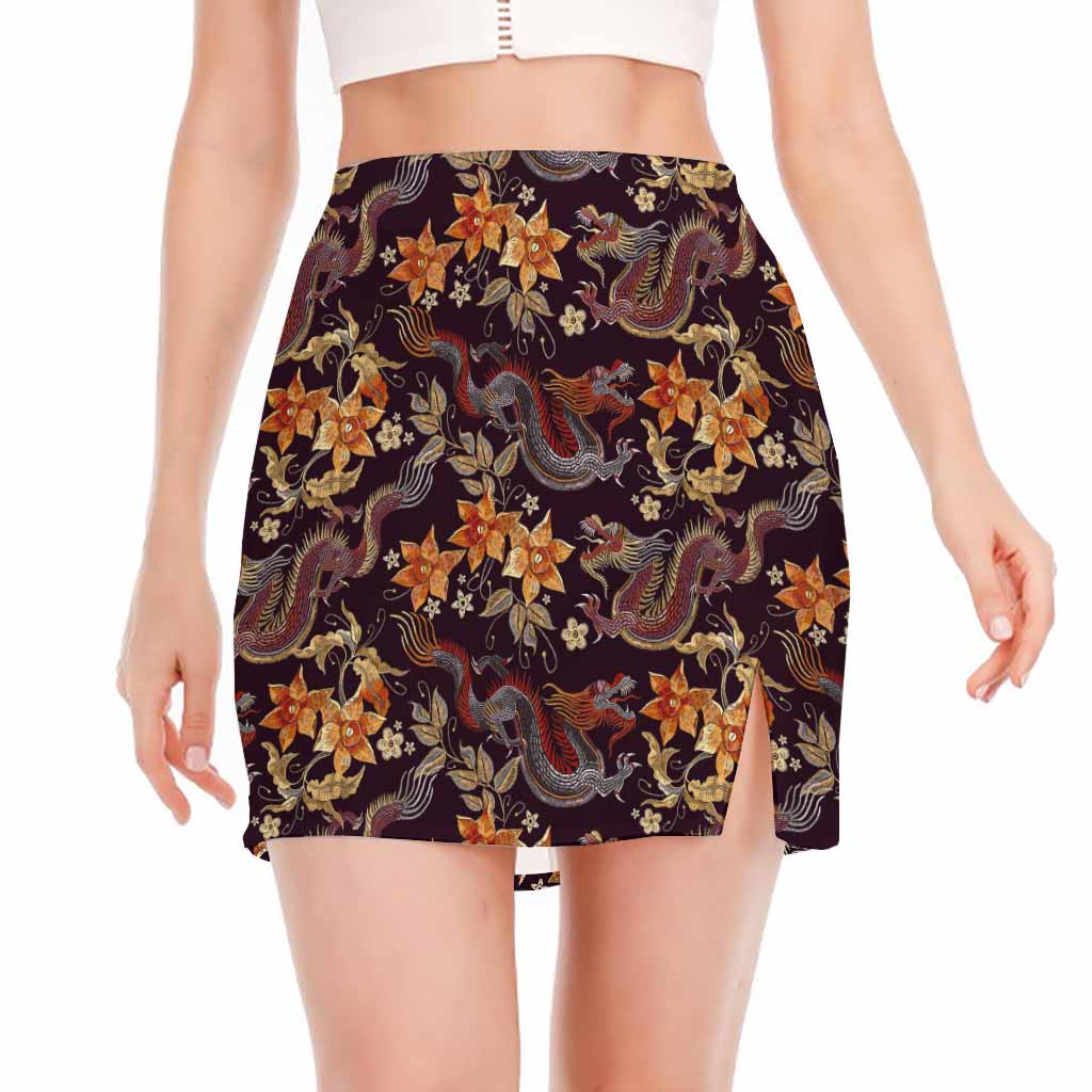 Vintage Dragon Flower Pattern Print Side Slit Mini Skirt