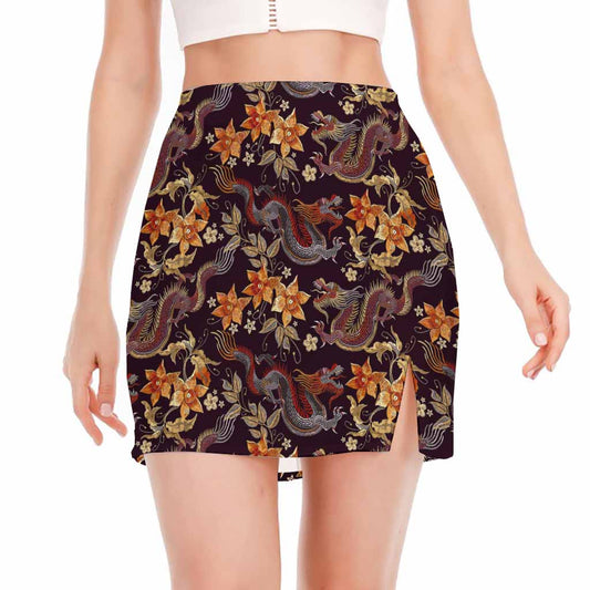Vintage Dragon Flower Pattern Print Side Slit Mini Skirt