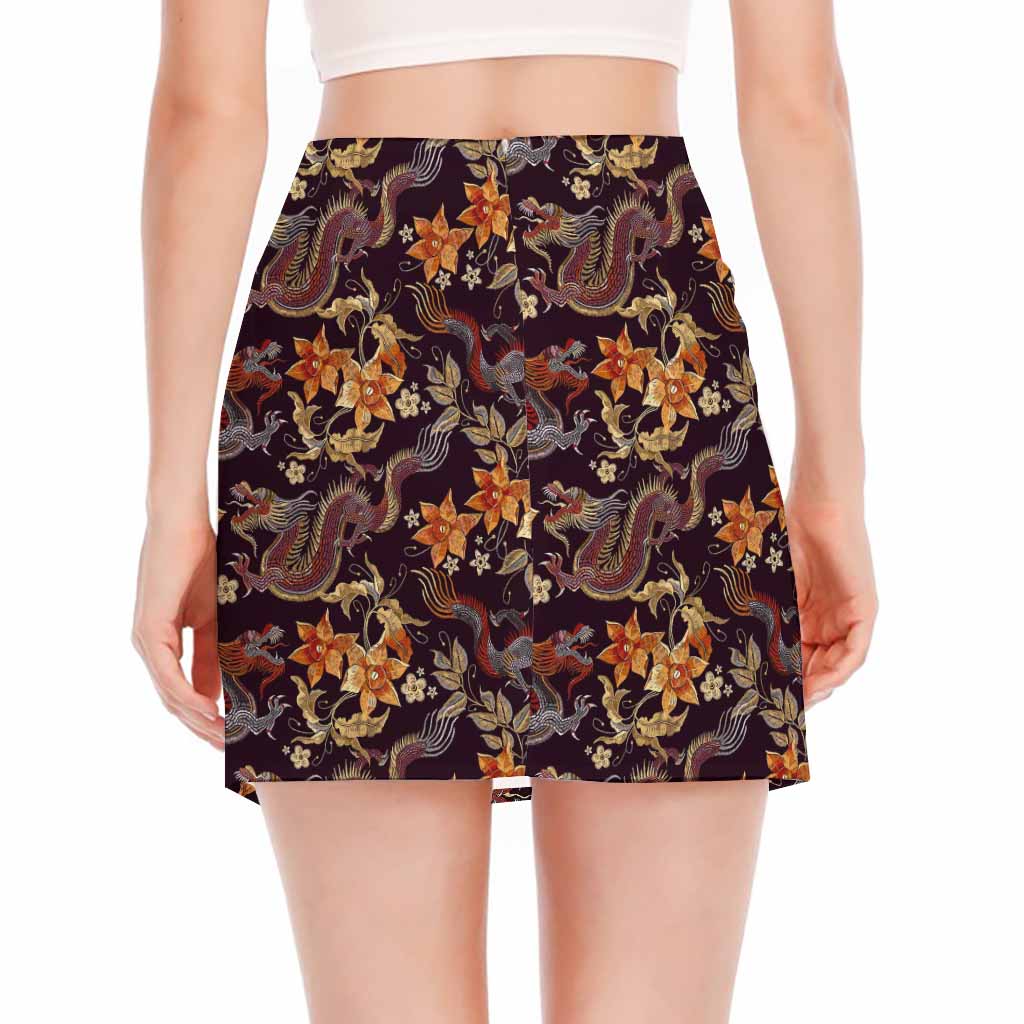 Vintage Dragon Flower Pattern Print Side Slit Mini Skirt