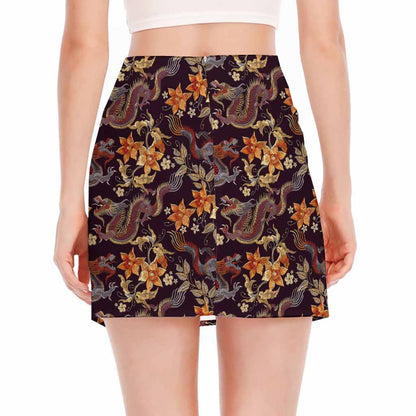 Vintage Dragon Flower Pattern Print Side Slit Mini Skirt
