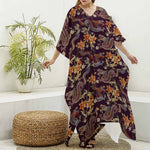 Vintage Dragon Flower Pattern Print Silk V-Neck Kaftan Dress