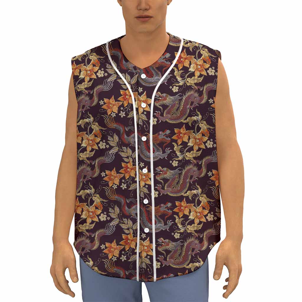 Vintage Dragon Flower Pattern Print Sleeveless Baseball Jersey