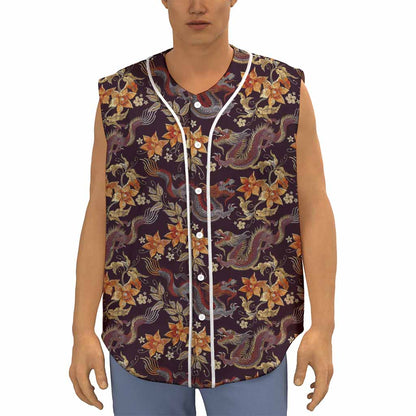 Vintage Dragon Flower Pattern Print Sleeveless Baseball Jersey