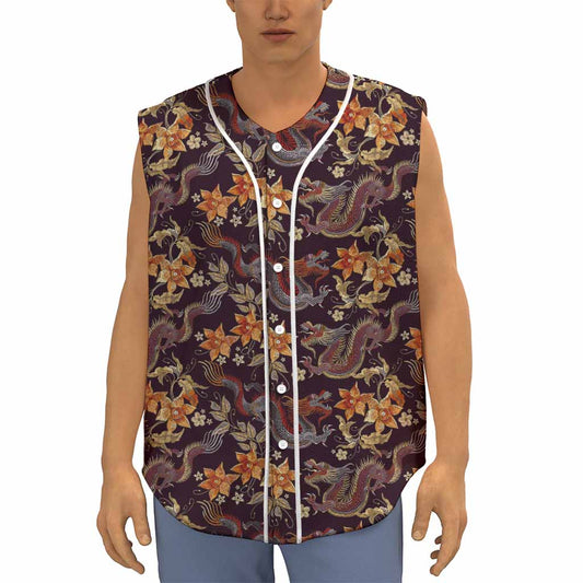 Vintage Dragon Flower Pattern Print Sleeveless Baseball Jersey