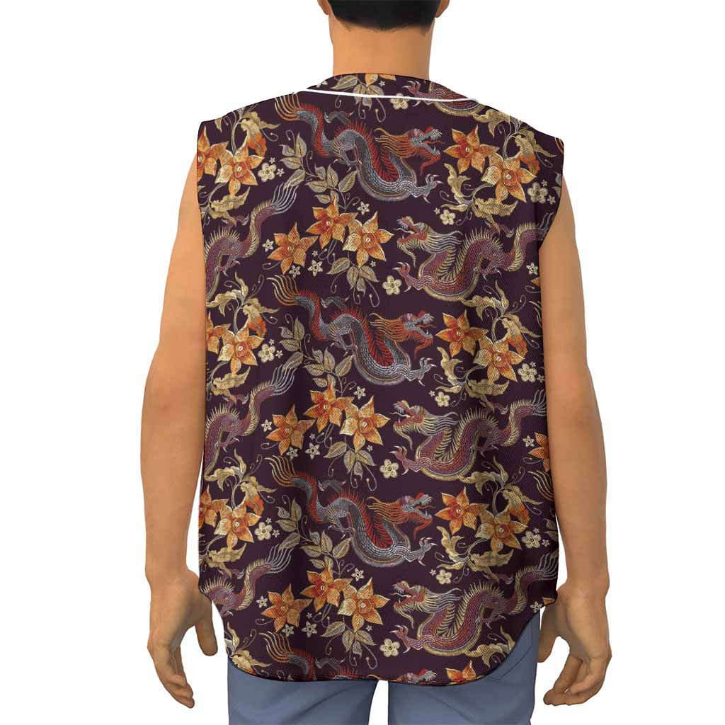 Vintage Dragon Flower Pattern Print Sleeveless Baseball Jersey