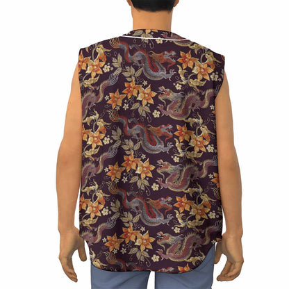 Vintage Dragon Flower Pattern Print Sleeveless Baseball Jersey