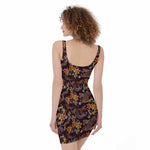 Vintage Dragon Flower Pattern Print Sleeveless Bodycon Dress