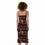 Vintage Dragon Flower Pattern Print Slim Fit Midi Cami Dress