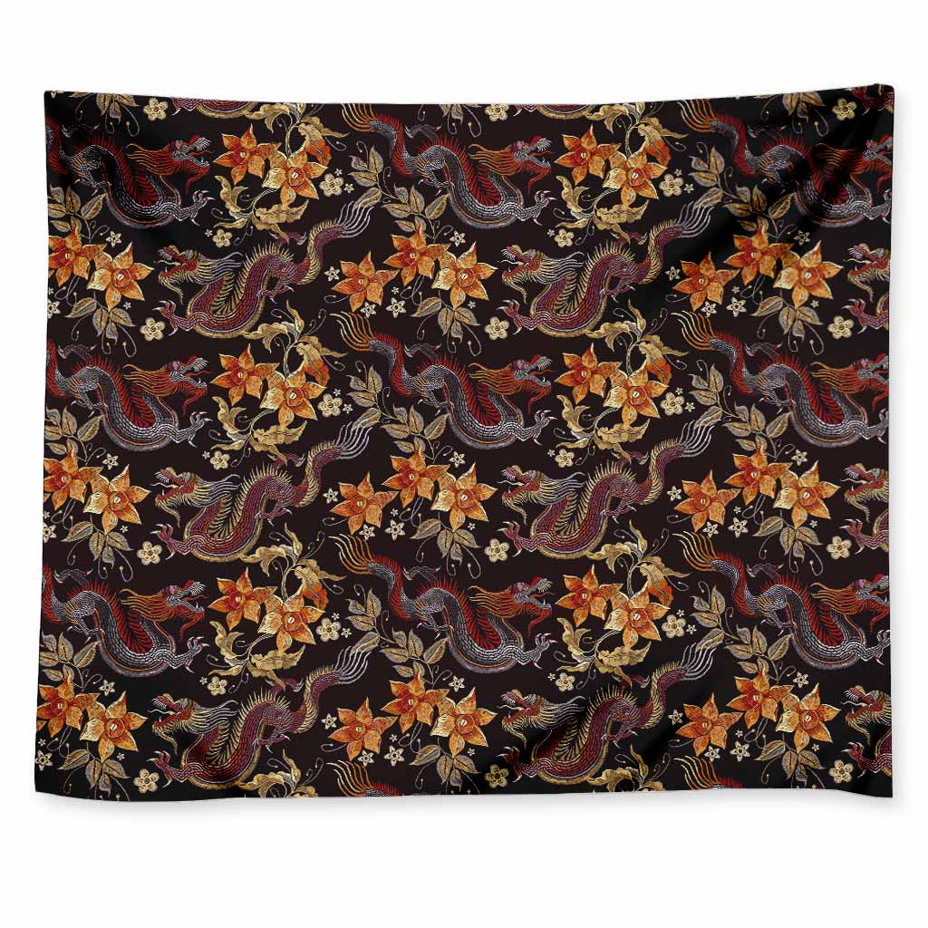 Vintage Dragon Flower Pattern Print Tapestry