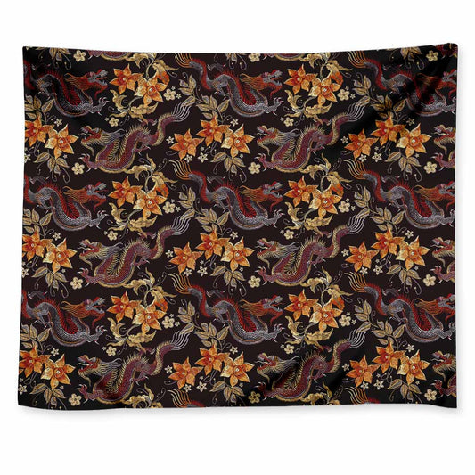 Vintage Dragon Flower Pattern Print Tapestry