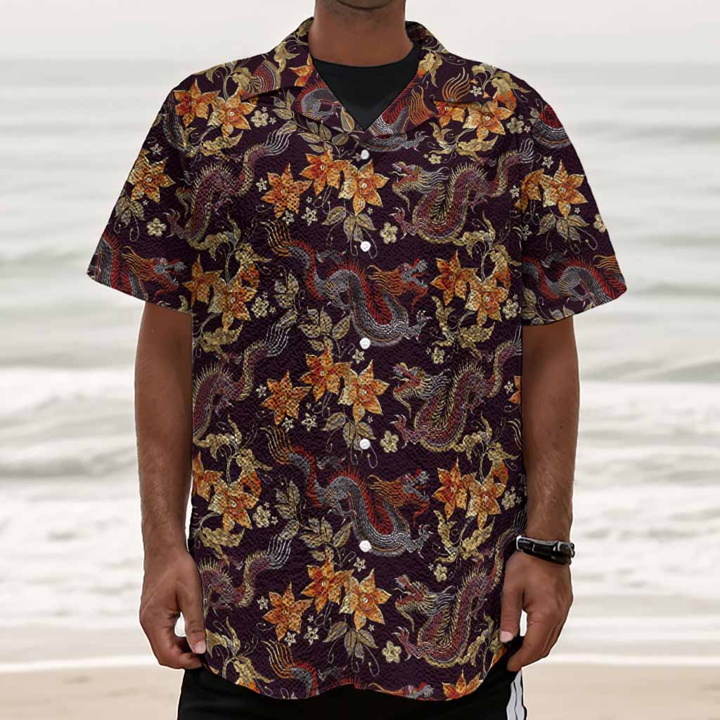 Vintage Dragon Flower Pattern Print Textured Short Sleeve Shirt