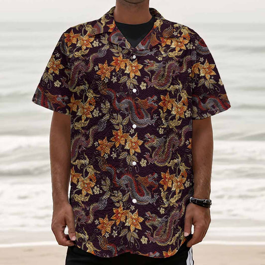 Vintage Dragon Flower Pattern Print Textured Short Sleeve Shirt
