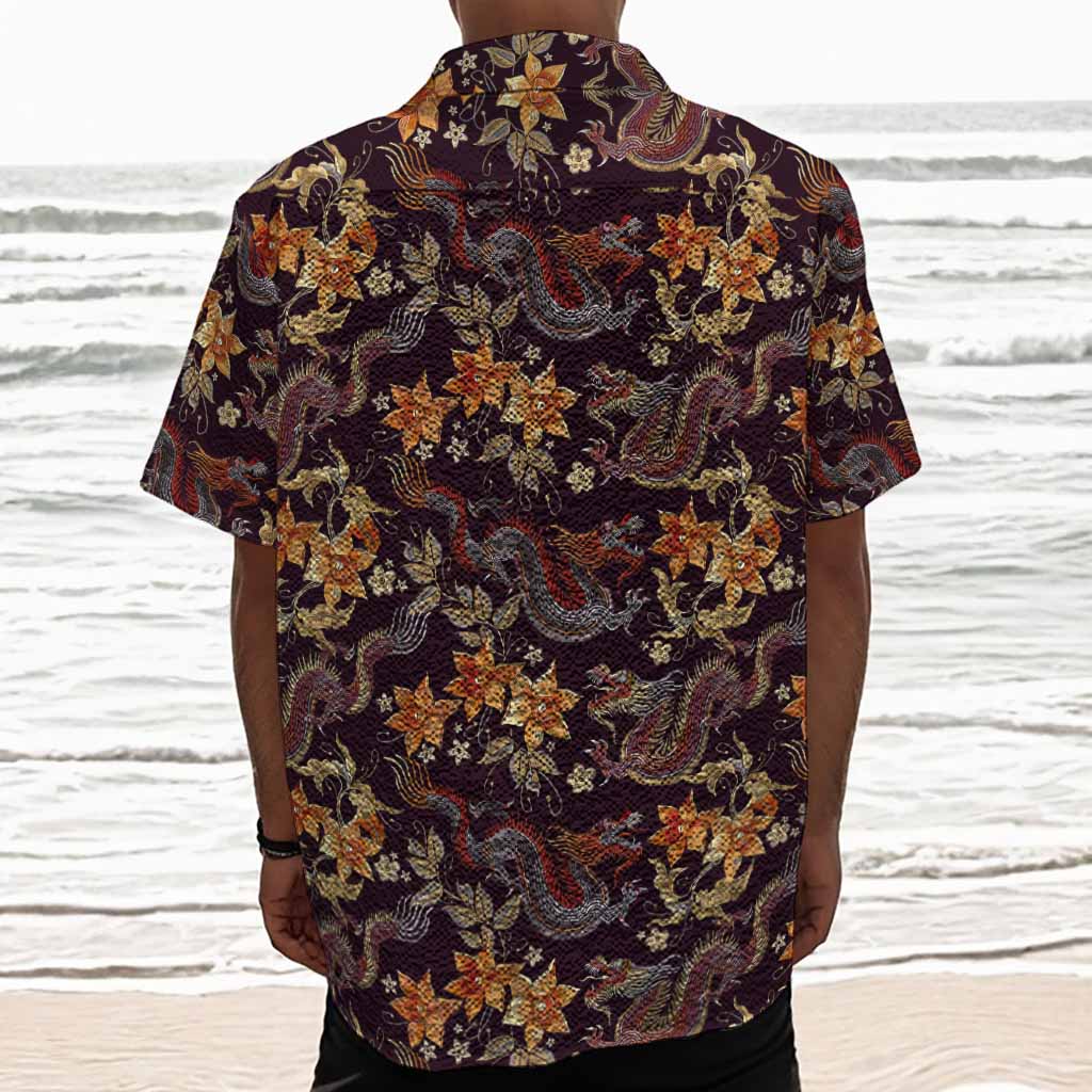 Vintage Dragon Flower Pattern Print Textured Short Sleeve Shirt