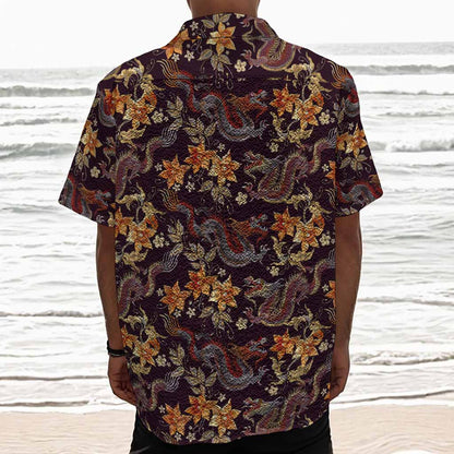 Vintage Dragon Flower Pattern Print Textured Short Sleeve Shirt