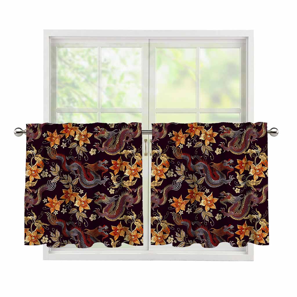 Vintage Dragon Flower Pattern Print Tier Curtains