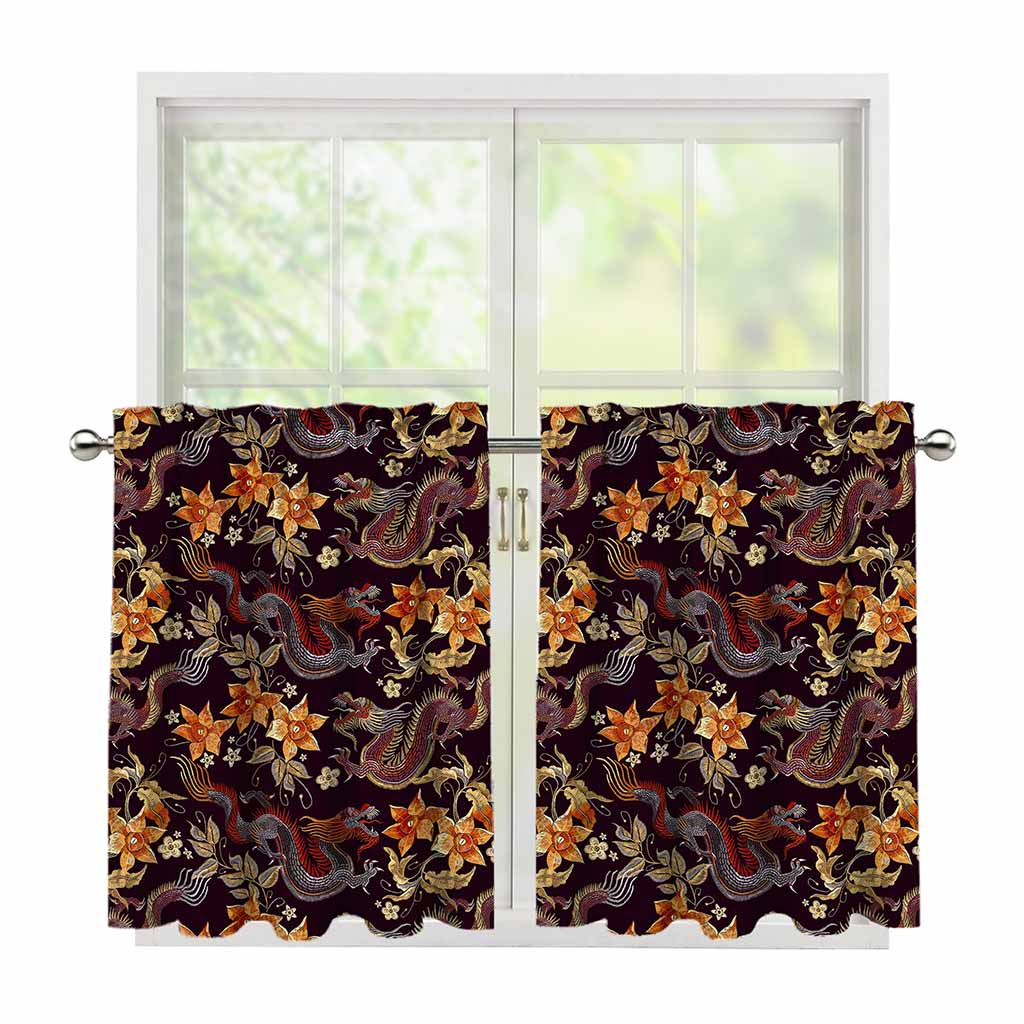 Vintage Dragon Flower Pattern Print Tier Curtains